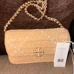Tory Burch Natural Raffia Chain Shoulder Bag with Gold Logo